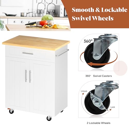 SUNLEI Rolling Kitchen Island Cart with Storage & Drawer – 26" Portable Kitchen Cart with Lockable Wheels, Towel Rack & Open Shelves for Kitchen, Dining Room, Living Room(White) - size: 26-IN