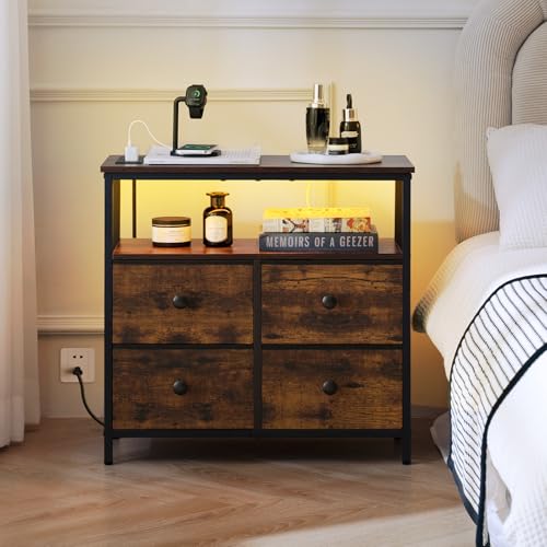 Yoobure Night Stand with Charge Station, Nightstand with 4 Drawers Bedside Table, LED Dresser with Storage Shelf, Night Stands for Bedroom, Side Table 3-Tier Wood End Table for Home Rustic Brown - color: Rustic Brown