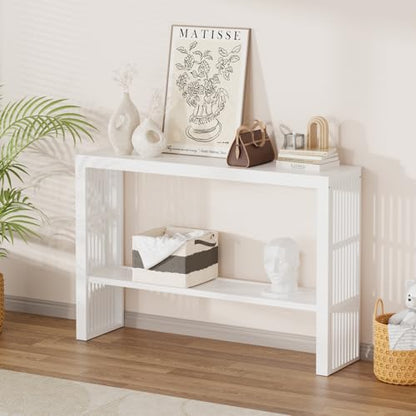 47-Inch Console Table with Storage, 2-Tier Narrow Entryway Table,White | 100% Natural Bamboo slim profile, reinforced angled frame versatile wall-side placement - color: White, style: 2-TIER