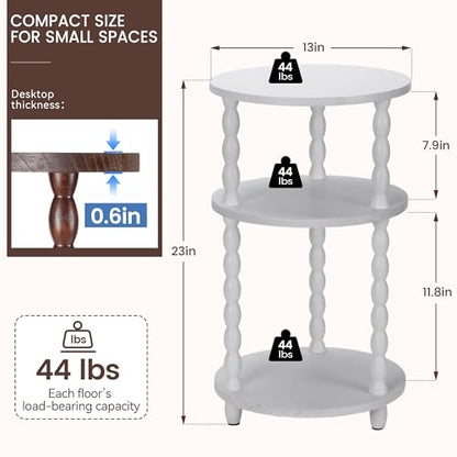 Small Round Side Table, 3-Tier Solid Wood End Table with Storage Shelf, Modern Bedside Tables Night Stand for Living Room, Bedroom, College Dorm, Small Space (White) - color: White
