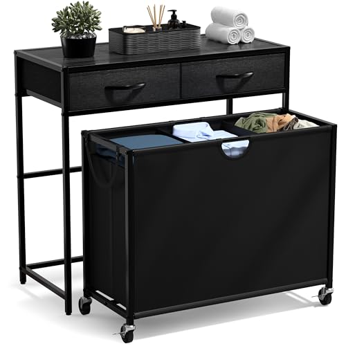 Sorbus 3 Section Laundry Hamper with Shelf and 2 Drawers for Laundry Room Organization, Laundry Basket with Wheels, Rolling Laundry Hamper, Laundry Sorter for Optimal Storage and Organization (Black)