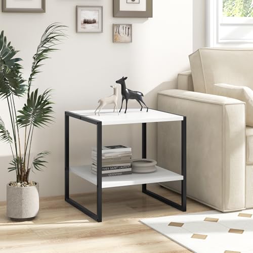 Giantex 20 Inch End Table, Modern Square Side Table with Storage Shelf, Small Coffee Table for Living Room, Wood Bedside Table, 2-Tier Nightstand for Bedroom, Easy Assembly, White (1)