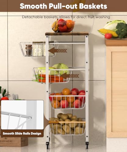 Fruit Vegetable Storage Cart for Kitchen, 5-Tier Vegetable Stand Rack with Pull-Out Fruit Baskets, Rolling Snack Cart with Wood Top & Banana Holder for Pantry, Living Room, Bathroom, White - style: White