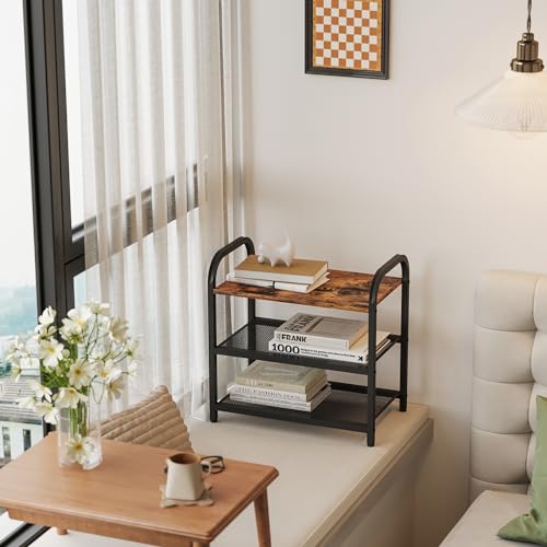 Small Narrow Shoe Rack for Entryway Closet,17.32" X 10.24" X 16.93" | 3-Tier Shoe Storage Organizer Wood, Heavy-Duty Metal Mesh Shelves, Rustic Wooden Top, Front Door Entrance Shoe Shelf 6 Pairs - size: 17.32" X 10.24" X 16.93"