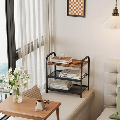 Small Narrow Shoe Rack for Entryway Closet,17.32" X 10.24" X 16.93" | 3-Tier Shoe Storage Organizer Wood, Heavy-Duty Metal Mesh Shelves, Rustic Wooden Top, Front Door Entrance Shoe Shelf 6 Pairs - size: 17.32" X 10.24" X 16.93"
