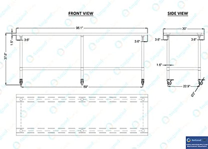 AmGood 96" Long x 30" Deep Stainless Steel Table with Casters - size: 96" Long x 30" Deep