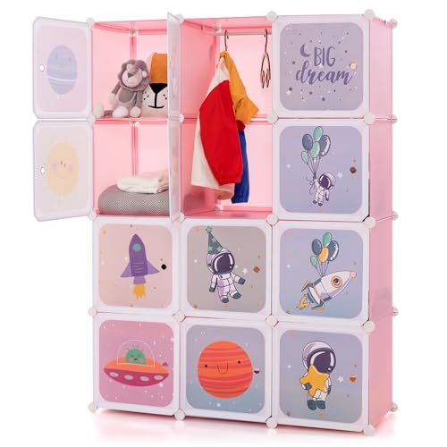 INFANS Children Wardrobe, Kid Closet Portable Baby Dresser Cute for Kids Bedroom Nursery Armoire with Doors 12 Cube 2 Hanging Sections, Kid Clothes Storage Organizer (Pink, 12 Cubes) - color: Pink, size: 12 Cubes