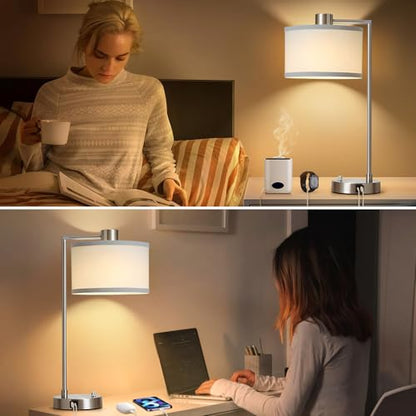 Luvkczc Table Lamps for Living Room with USB C+A Ports - Fully Stepless Dimmable Bedsides Lamp with Linen Lampshade, Lamps for Night Stands Bedroom Reading Office, 2 LED Bulbs Included (Silver) - color: Silver