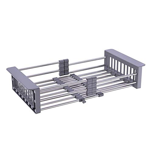 Dish Drying Rack, Over The Sink Dish Drying Rack, Stainless Steel Dish Drainer with Adjustable Arms Holder Functional Kitchen Sink Organizer for Vegetable and Fruit - color: Gray - Small, size: 17.7"D x 9"W x 3.5"H
