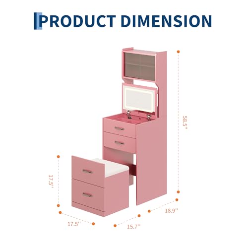 Garvee 3 in 1 Vanity Desk with 3 Color LED, Compact Makeup Vanity Set with 2 AC Outlets & USB, Dressing Table with Drawers & Acrylic Doors, Nightstand Vanity Mirror, Jewelry Box, Hidden Chair, Pink - color: Pink