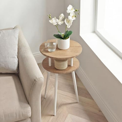 Small End Table for Living Room, 2-Tier Round Side Table with Metal Leg,Compact Sofa Circle Bedside Table Nightstand with Storage, Accent Table for Bedroom, Natural Wood - color: Oak and White