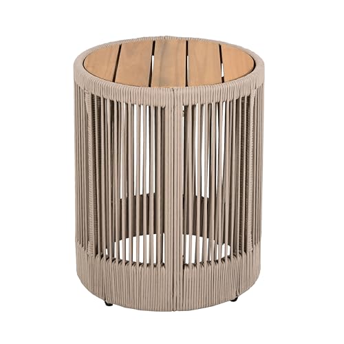Christopher Knight Home Peyz Acacia Wood Outdoor Side Table Set of 2 with Woven Rope Design, Patio Round Coffee Table Set with Small Side Desk, Functionality Stylish 2 Tables for Garden, Teak + Beige