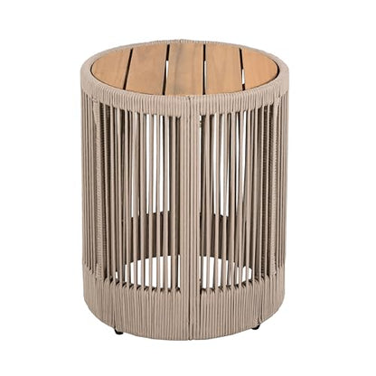 Christopher Knight Home Peyz Acacia Wood Outdoor Side Table Set of 2 with Woven Rope Design, Patio Round Coffee Table Set with Small Side Desk, Functionality Stylish 2 Tables for Garden, Teak + Beige