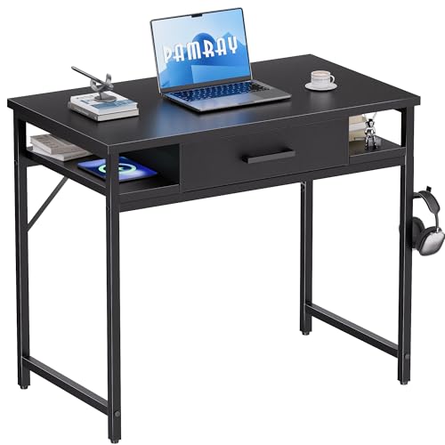 Pamray 32 Inch Small Computer Desk with Drawers for Bedroom Small Spaces | Compact, Sturdy, Easy Assembly, Mini, Suitable for Dorm and Apartment, Study and Writing - color: Black