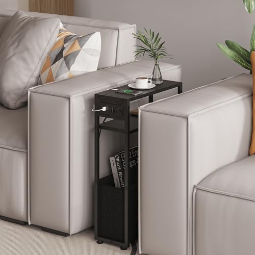 Leomonio Narrow Side Table with Charging Station, Slim End Tables with Linen Basket, Skinny Table for Small Spaces, Thin Bedside Table for Living Room, Bedroom - color: Ebony Black + Slate Gray - Outlet