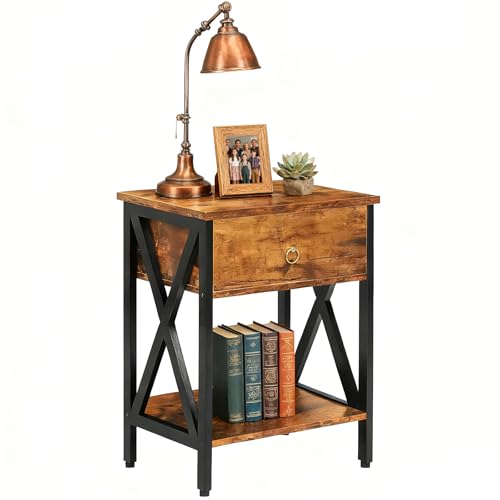 JMLHMXC Nightstands Industrial Bedside End Tables with Drawer and Storage Shelf,Small Side Table for Bedroom, Living Room, Sofa Couch,Brown