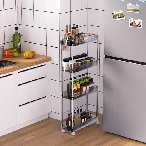 VECELO Acrylic 4-Tier Rolling Cart, Slim Utility Cart for Storage, Mobile Storage Cart with Lockable Wheels Hooks&Bucket for Office,Kitchen,Laundry Room Bathroom Living Room, Clear - color: Clear, size: 4 Tier