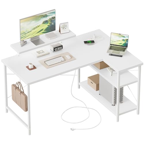 Mericonia Small L Shaped Computer Desk with Power Outlets, Reversible Gaming Desk with Storage Shelves & Monitor Stand, Corner Gamer Desk Table, Study Writing Table - color: White, size: 48 inch