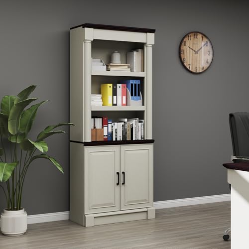 72" Roman Column Bookcase with Double Door Cabinet, 5 Tiers Tall Bookshelf Shelves Storage and Anti Tip Kit, Classic American European Modern Multi Style Design for Living Room Study Office, White - color: White Wood-like Surface, size: 5-Tier Roman Colum