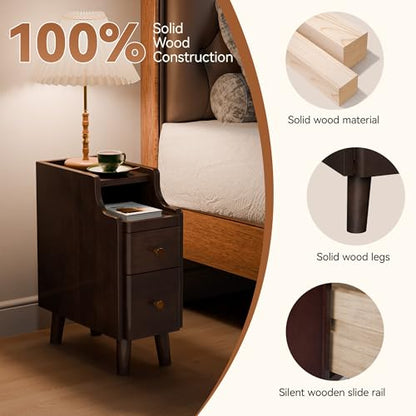Nightstand, Pre-Assembled, 19.7“H Solid Wood Night Stand with 2 Drawers, Open Sliding Shelf, Mid Century Modern Small Bedside Table for Bedroom, Black Walnut 8" - color: Black Walnut, size: 8"