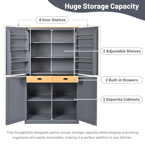 Linique 71.3" Kitchen Pantry with 2 Drawers, 2 Adjustable Shelves, 8 Door Racks, Large Wooden Cupboard, Freestanding Tall Cabinet for Kitchen Dining Room Grey
