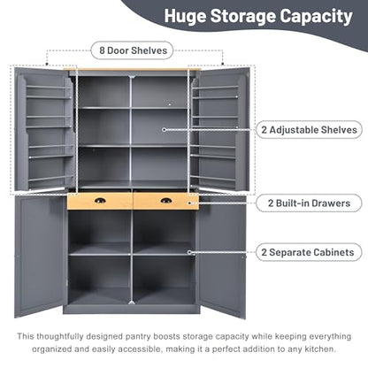 Linique 71.3" Kitchen Pantry with 2 Drawers, 2 Adjustable Shelves, 8 Door Racks, Large Wooden Cupboard, Freestanding Tall Cabinet for Kitchen Dining Room Grey