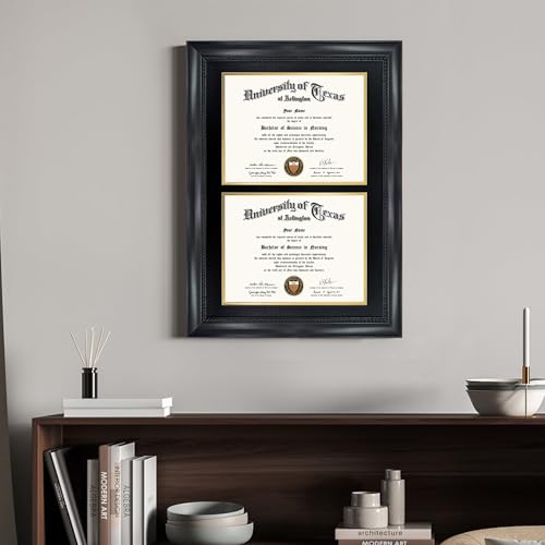 GMFrames Double 8.5x11 Diploma Certificate Frame, Solid Wood & Tempered Glass, Cherry Lacquer Finish & Intricate Rope Detail, Black over Gold Mat - color: Black, size: 14x20 for Double 8.5x11