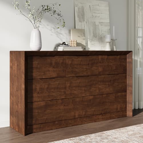YANSNWO Walnut 8 Drawer Dresser for Bedroom, 55" Wide Dressers & Chest of Drawers with Unique Panel & Thickened Frame, Mid Century Modern Dresser with Handless Design for Living Room, Hallway - color: Walnut, size: 15.6"D x 55.1"W x 31.5"H (8 Drawers)