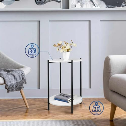 Faux Marble End Table White Black Side Table Marble Nightstand for Living Room or Bedroom Modern Accent Table with Black Metal Frame (1 pcs Black, Round) - color: 1 Pcs Black