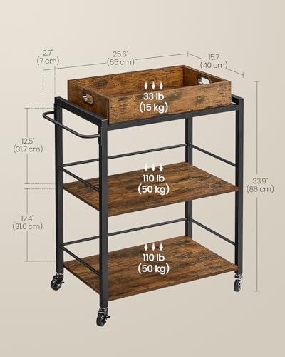 VASAGLE Kitchen Serving Cart with Removable Tray, 3-Tier Kitchen Utility Cart on Wheels with Storage, with Brakes, Leveling Feet, 15.7 x 28.3 x 33.9 Inches, Rustic Brown and Black ULRC72X - color: Rustic Brown + Black, size: 15.7"D x 28.3"W x 33.9"H