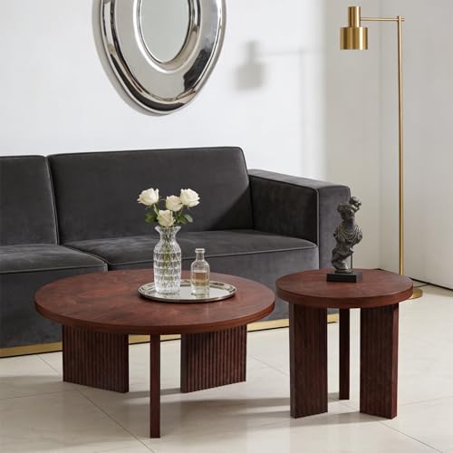 Nesting Coffee Table Set of 2, Burgundy | Modern Wooden Coffee Table, Circle Tea Table and End Table Set, Accent Center Tables for Living Room, Office - color: Burgundy, style: Coffee Table Set of 2