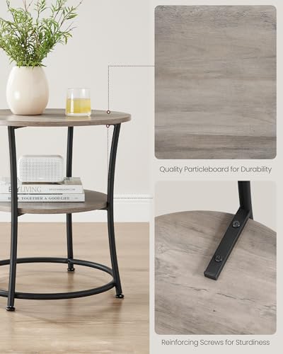 VASAGLE 21.7-Inch Round Side Table, 2-Tier End Table with Power Outlets, Nightstand with Steel Frame, Spacious Top, for Small Spaces, Living Room, Bedroom, Heather Greige and Ink Black ULET077L01 | Nightstand with Steel Frame, Spacious Top, for Small Spac