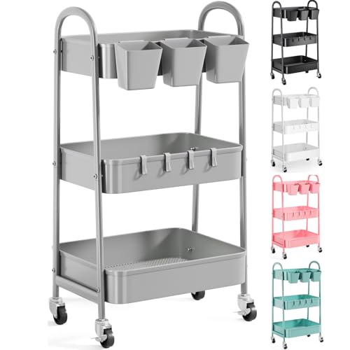 3 Tier Gray Metal Rolling Cart, Mesh Storage Cart with Handle and Lockable Wheels, Multifunctional Three Tiered Utility Organizer Carts for Kitchen, Office, Bathroom, Craft, Art, Snack, Baby Supplies - color: Calm Gray, size: 3 tier
