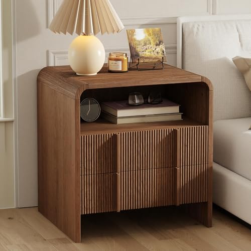 AMERLIFE Fluted Night Stand with Storage Drawers, Modern Small Nightstand & Bedside Table with Open Shelf, Curved Profile Design & Pine Handles, Wood End Table for Bedroom, Walnut - color: Walnut