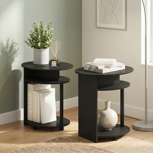 3-Tier Set of 2 Round End Table with Oval Tabletop, Bedside Table with Open Shelf, Night Stand, Side Table, for Bedroom, Living Room, Walnut - color: Walnut/Black, size: 3 Tier, Set of 2