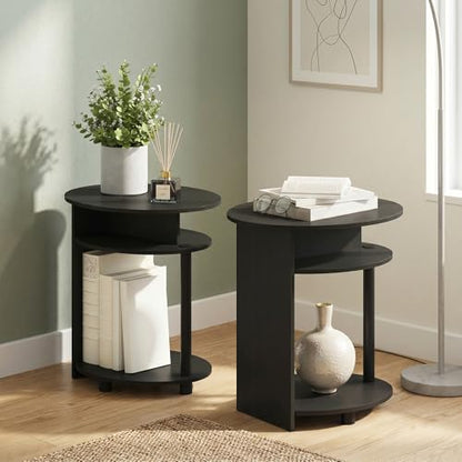 3-Tier Set of 2 Round End Table with Oval Tabletop, Bedside Table with Open Shelf, Night Stand, Side Table, for Bedroom, Living Room, Walnut - color: Walnut/Black, size: 3 Tier, Set of 2