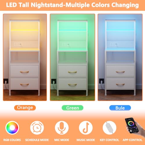 Furnulem Night Stand, Tall White Nightstand with 4-Tier Shelves, 2 PU Fabric Drawers and Led Lights, Bed Side Tables with Charging Station, Bedside Table for Bedroom - color: White, size: 2 Drawer