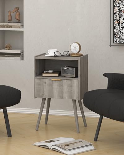 JOONEE Nightstand,Modern Bedside Table with Storage Drawer and Open Wood Shelf, for Living Room, Bedroom and Small Spaces, Accent Night Stand with Solid Wood Legs, Easy Assembly,Grey Oak - color: Grey Oak