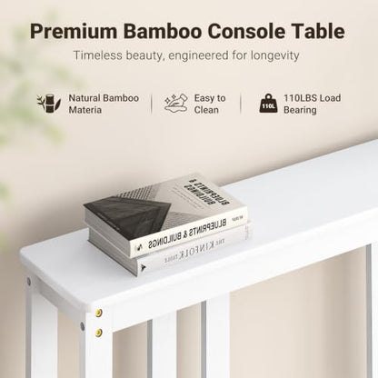 ELYKEN Bamboo 2-Tier Narrow Console Table, 36.2" Long Slim Hallway Table | Sofa Table Behind Couch with Storage Shelf for Entryway, Living Room, Foyer - color: White