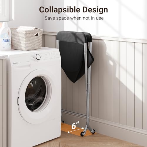 ELYKEN Laundry Basket with Wheels, Collapsible Laundry Hamper, Black | Removable Liner Bag, Foldable Design, Sturdy Metal Frame, 4 Casters, 32”H Laundry Cart for Bedroom, Bathroom & Laundry Room - color: Black, size: 23.2"L x 13"W x 32"H