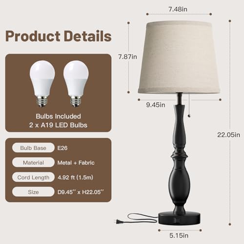 EppieBasic 22" Farmhouse Bedside Table Lamps Set of 2 with 3-Way Dimmable | with USB-C+A Charging Ports, Rustic Pull Chain Switch, Beige Linen Shade, for Bedroom, Living Room, Nightstand - style: XT-03