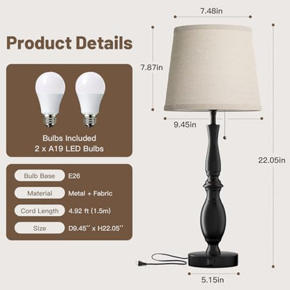 EppieBasic 22" Farmhouse Bedside Table Lamps Set of 2 with 3-Way Dimmable | with USB-C+A Charging Ports, Rustic Pull Chain Switch, Beige Linen Shade, for Bedroom, Living Room, Nightstand - style: XT-03