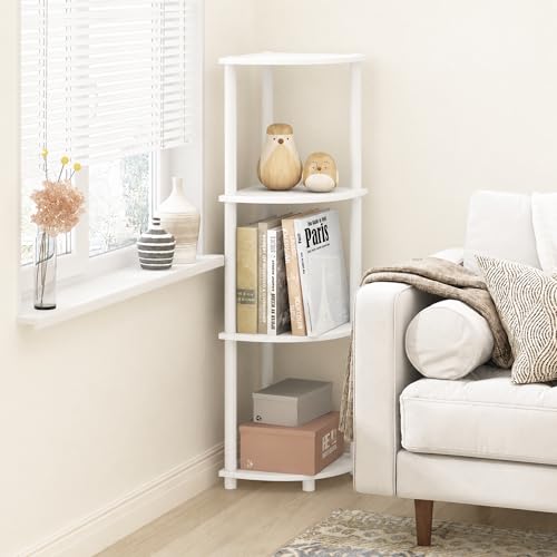 Furinno Turn-N-Tube Toolless Assembly 4-Tier Corner Shelf, White Corner Book Shelf, Open Shelves Bookshelf, for Organization and Storage, Living Room, Home Office, Bedroom, Plain White - color: Plain White/White, size: 4-Tier Corner