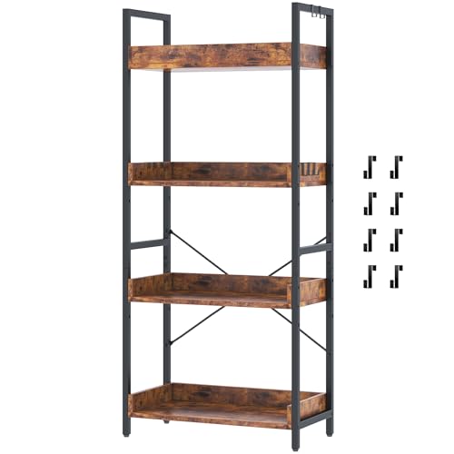 HCHQHS 4 Tier Bookshelf, Adjustable Industrial Bookcase, Vertical Tall Book Shelf, Wood and Black Metal Open Bookshelves for Home Office, Living Room, Bedroom - color: Rustic Brown, size: 4-Tier (24"W x 44"H)