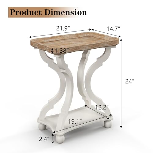 Kinfant Set of 2 Farmhouse Accent End Table with Natural Tray, Solid Wood Frame Rustic Side Table with Shelf, Nightstand for Dinning, Living Room, Bedroom - style: 2-pack-White and Wood