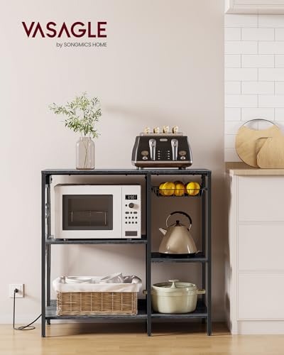 VASAGLE Baker's Rack, Coffee Bar Stand with Charging Station, 35.6 Inches Tall, Storage Shelves, Pull-Out Wire Basket, Table for Microwave, Kitchen, Charcoal Gray and Ink Black UKKS036B22 - color: Charcoal Gray + Ink Black, style: With Power Outlet
