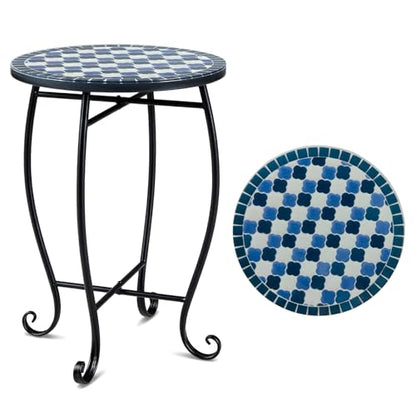 Giantex Outdoor Side Table, Floral Clover Mosaic Patio Accent Table, 14" Coffee End Table, Indoor Outdoor Metal Plant Stand for Porch Garden Balcony Desk, Metal Cobalt Glass Top - style: Floral Clover