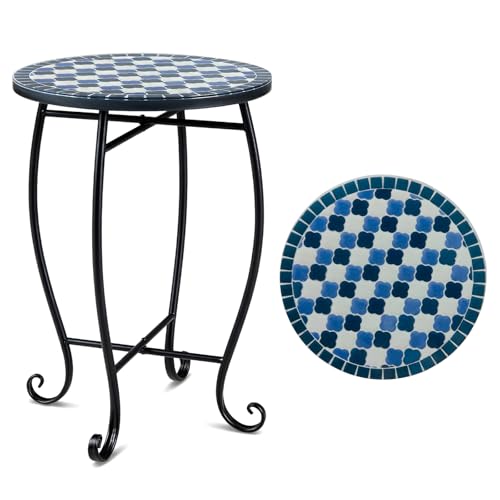 Giantex Outdoor Side Table, Floral Clover Mosaic Patio Accent Table, 14" Coffee End Table, Indoor Outdoor Metal Plant Stand for Porch Garden Balcony Desk, Metal Cobalt Glass Top - style: Floral Clover
