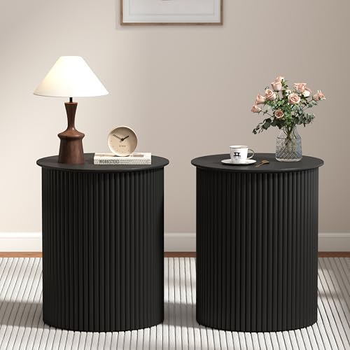 AVZEAR Small Round Side Table Fluted Night Stand Set of 2, 17.7" Mid Century Modern End Table, Circle Bedside Tables Wood Nightstands for Small Spaces, Living Room, Bedroom(Black) - color: Black, size: 17.7"D x 17.7"W x 21.6"H