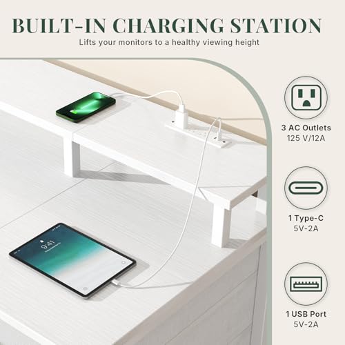47" Computer Desk with Power Outlets and LED Lights, White | Gaming Desk with Drawers and Monitor Stand, Reversible Home Office Desk for Working Writing Study